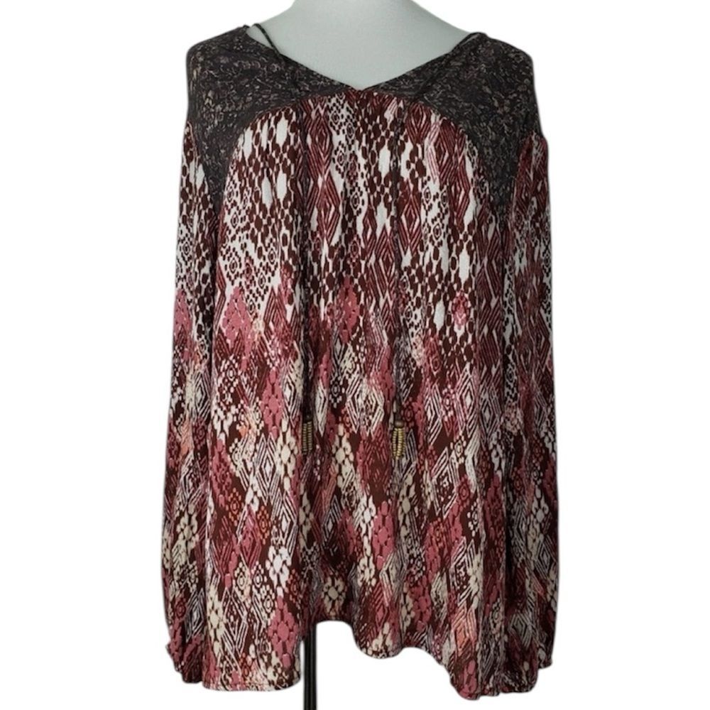 Knox Rose Women’s Top Blouse V-Neck Boho Hippie Long Sleeve Aztec Print XL